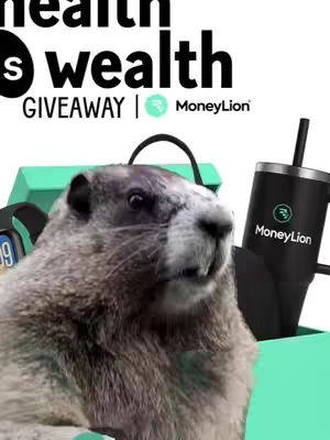 A close-up of a groundhog with text overlays, accessories like a black tumbler, and a turquoise box, symbolizing health and wealth.
