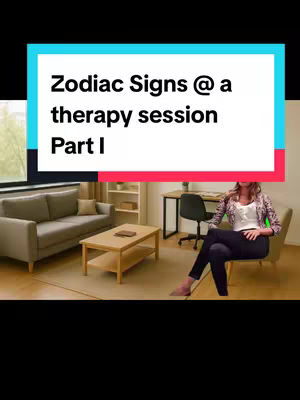 The cover image shows a living room set with a sofa, a sitting area with a chair where the person is sitting. There is also a coffee table in the middle, and there is text overlaying on the image that says "Zodiac Signs @ a therapy session Part I".