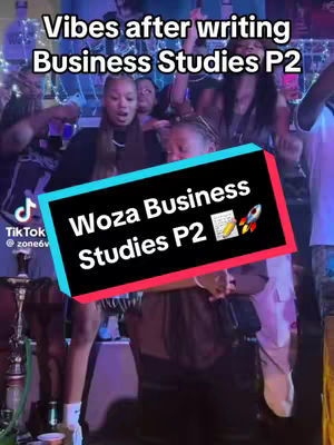 The cover image shows a party scene. Several people are visible, some dancing. A large, colorful text box is overlayed on the image that says, "Woza Business Studies P2".  The TikTok logo is visible.