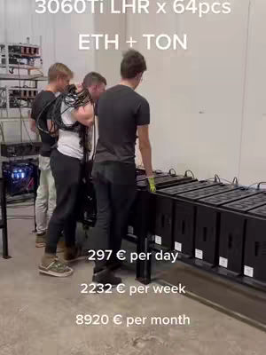An image of three men in a bright room, loading equipment. Three men are shown from the knees up. The equipment appears to be computer-related, possibly for crypto mining, with text overlaying the image highlighting specs and potential earnings. The layout is simple and functional.