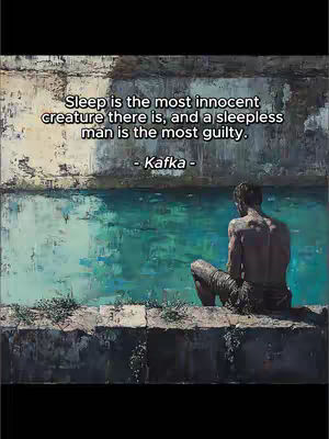The cover image depicts a man sitting on the edge of a stone structure, overlooking a body of water. The scene has an artistic, possibly painterly feel with muted earth tones and turquoise water. Overlaid on the image is a quote from Kafka, set in a simple, readable font.