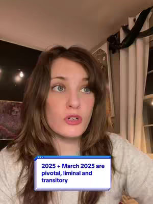 A woman with brown hair and light skin looks directly at the camera, lips slightly parted. A light-colored top and neutral background complement her. An overlaid text box at the bottom informs the viewer about upcoming astrological events.
