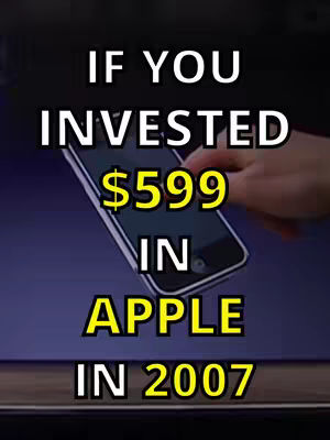 The image is a vertical composition with a dark background that transitions from black at the top to a deep purple towards the bottom. Centered in the frame is a slightly angled iPhone, its screen facing the viewer, displaying a dark screen. The text overlayed is white with a black outline and yellow highlights on important numbers like '$599' and '2007'. A person's hand is partially visible, with skin and a finger near the phone, indicating a potential interaction or holding of the phone.