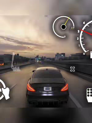 The cover image displays a car racing scene from a mobile game. A black sports car is the focal point, seen from the rear as it speeds down a highway. The image has a dynamic feel with motion blur and a speedometer overlay in the top-right, suggesting speed and gameplay. The sky is overcast with shades of grey, casting a muted light over the scene.