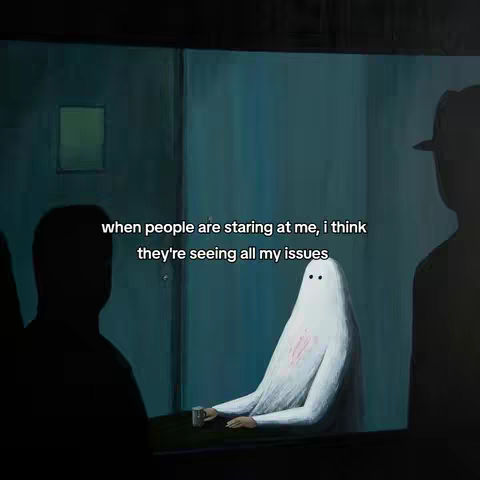 The image shows a moody and symbolic illustration. It depicts a scene with three silhouetted figures: two on the right and one obscured on the left, facing a seated, ghost-like figure in the center. The ghost has arms crossed and there's a small cup on the table in front of it. The background is a solid, dark teal with a slight texture, and the lighting appears dim, casting deep shadows that add to the somber feel. The text overlayed on the image reads, 'when people are staring at me, I think they're seeing all my issues.'