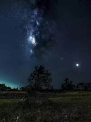 A night landscape with a field in the foreground and a tree silhouette in the middle. The sky is dominated by the Milky Way, with stars and celestial bodies. The colors are dark with mostly blue tones, indicating night.