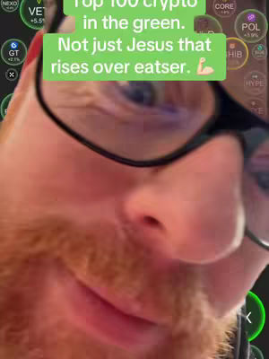 A close-up shot of a man's face, with a ginger beard and glasses. A green overlay displays text about crypto, and a few graphic elements are present in the background.