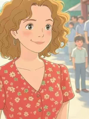 An AI-generated illustration in the style of Studio Ghibli depicts a woman in a red floral dress, smiling warmly. Her curly hair is a light brown, and she wears circular earrings. In the background, a blurred street scene with other people suggests a lively atmosphere.