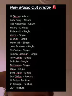 A vertical cover image set against a black background, featuring a list of music artists and album/single information. The title "New Music Out Friday" is at the top, with a small emoji. The artist names are in white text, and the layout is a straightforward, clean list.