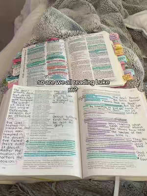 The image shows an open Bible with text highlighted. Large Bible pages are open, with many highlighted passages in various colors. The text is handwritten with notes and underlines. A hook text overlay at the top asks if others are reading Luke.