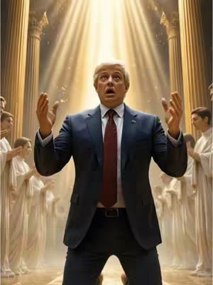A digitally created scene showing a man on his knees, arms raised in supplication, under a bright light that shines down from the top of the frame. Behind him, in soft focus, are figures of people seemingly in white robes. The composition suggests a religious or heavenly setting.
