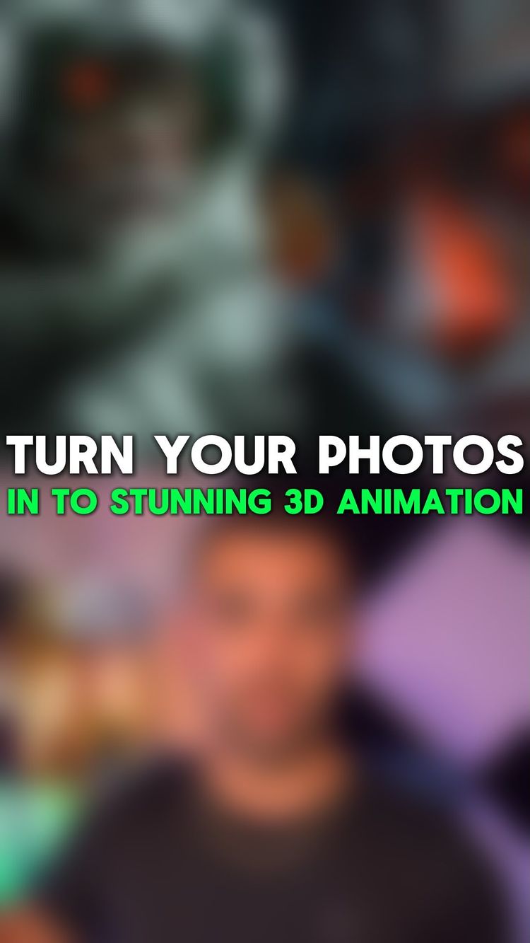 The image is a vertical split, the top portion is a blurred image of a potential AI animation, mostly in a dark atmosphere with some lighter shapes. The bottom half presents a blurred image of a man with dark hair and a black shirt, with a purple and white background. The focus is clearly on the visuals and the man's expression as he points to something in the background