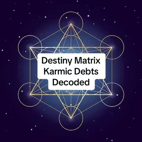 The cover image features a dark blue gradient background speckled with small white dots resembling stars. Overlaying this background is a complex geometric design in gold, comprised of interconnected circles and lines resembling a stylized flower or seed of life pattern. A white rectangular text box in the center contains the words 'Destiny Matrix Karmic Debts Decoded' in a sans-serif font.