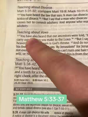 A close-up of an open Bible with a finger pointing to a highlighted passage. A green rectangular text overlay reading 'Matthew 5:33-37' is at the bottom.