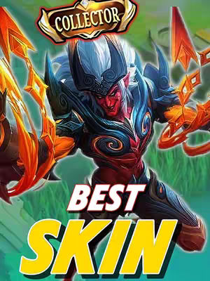 The cover image showcases a vibrant, action-oriented illustration of a character from Mobile Legends: Bang Bang. The character, a red-skinned demon with white hair, is set against a blurred green and brown background. The demon is depicted in dynamic pose, with fiery orange weapons that contrast with the blue-and-black armored attire, suggesting a collector skin theme. Bold, yellow text overlays read 'BEST' and 'SKIN', highlighting the content topic. A gold and maroon banner at the top announces 'COLLECTOR'.