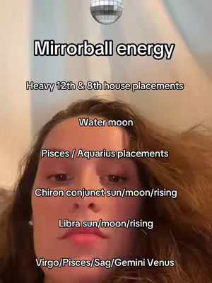 The cover image shows a young woman's face, with text overlays about astrology and birth chart placements. A mirrorball is centered at the top, and text on the screen lists various astrological placements. The overall composition is a close-up of the person's face, with a focus on the text for an informative layout.
