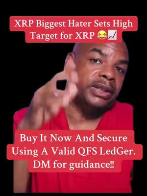 A man in a red shirt gestures towards the viewer with a determined expression. Text overlays appear in red boxes, highlighting the content's focus on XRP and financial advice. The background is a solid black.