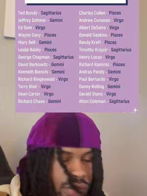 The cover image shows a person with dark hair wearing a purple and black durag, looking towards the camera. Overlayed on top is a table with a list of zodiac signs and the names of serial killers associated with them.