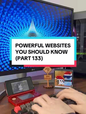 A person is typing on a keyboard, with a red Nintendo DS and a pixel-art display visible. The background includes a computer monitor displaying a blue, swirling pattern, and components of a computer case. A text overlay reads: 'POWERFUL WEBSITES YOU SHOULD KNOW (PART 133)'.