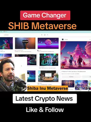 The cover image features a man speaking into a microphone on the left. Behind him is a split-screen display of what appears to be a webpage featuring various images and text related to the Shiba Inu coin and metaverse. A red banner at the top says "Game Changer SHIB Metaverse." At the bottom, there is a white banner "Latest Crypto News" with the call to action "Like & Follow".