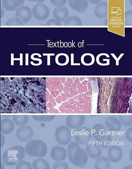 The cover of a textbook titled 'Textbook of Histology' featuring a dark blue background with large, light blue, blurred circles. The text on the cover is white with the title in a larger font. The bottom part of the cover includes author name and the fifth edition.
