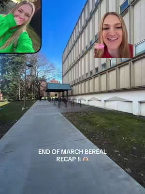 The cover image features a split screen effect.  The right side shows a long, beige-colored building with a blue sky above. The left side contains two inset pictures of the creator, a blonde woman. The top left inset shows her wearing a green sweater on a grassy area, smiling and covering her mouth. The bottom right inset shows her in front of a red backdrop, blowing a kiss. Text at the bottom reads: 'END OF MARCH BEREAL RECAP !! A'.