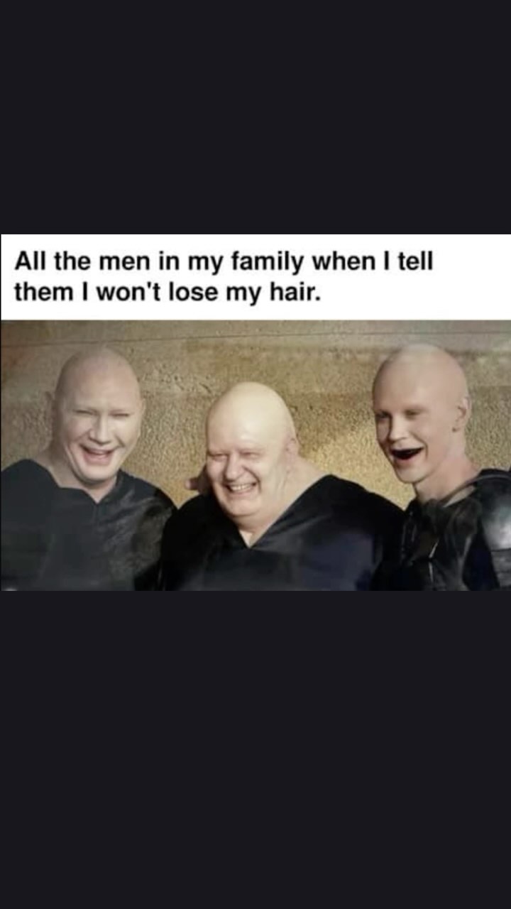 An image featuring three bald men with similar facial features, wearing dark clothing, and smiling widely. Text overlayed at the top reads, 'All the men in my family when I tell them I won't lose my hair.'