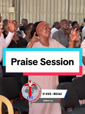 The image shows a woman in a church setting, with raised hands and an excited expression, framed within a vertical layout. Above her a teal rectangle with white text that reads "Praise Session". The background is filled with other people in the congregation, lit by interior lighting.