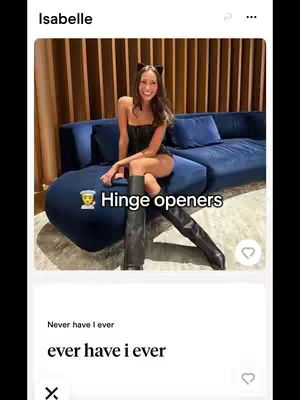 The image presents a young woman seated on a blue sofa, wearing a black outfit and cat ears. The setting appears to be a stylish lounge with wood paneling. Text overlays indicate the video's focus on 'Hinge openers.'
