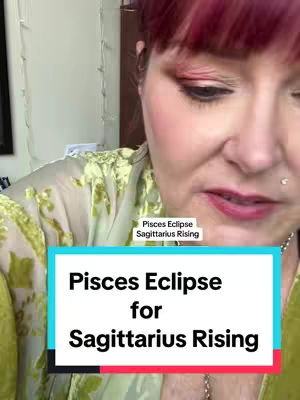 A woman with red-purple hair and makeup is partially visible in the frame. The main focus is on her face, with text overlayed. She's wearing a light green and yellow patterned top. There's a sign in the image that says "Pisces Eclipse for Sagittarius Rising"