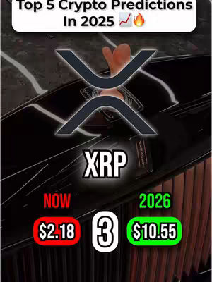 The cover image is a vertical graphic with a dark, glossy background, possibly representing a car's surface, which reflects the surrounding elements. A large, stylized symbol of XRP cryptocurrency is centrally placed. Below the symbol, the text 'XRP' is prominently displayed in a white, bold font. At the bottom, colorful boxes indicate 'NOW' and '2026' with corresponding predicted values of the cryptocurrency. The overall composition is designed to attract attention and convey financial information.