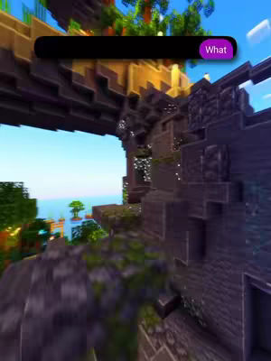 A Minecraft-style landscape with a bridge-like structure in the foreground, trees, and a body of water in the background. The sky is blue.