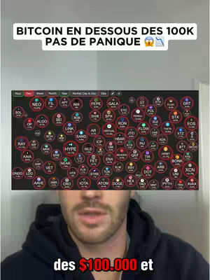 The cover image is a selfie-style shot of a man in a dark hoodie, with text overlays above and below his face. Behind the man is a display of cryptocurrency data. The text above reads, "BITCOIN EN DESSOUS DES 100K PAS DE PANIQUE", in a white, bold font. The text below says "des $100.000 et". The color palette is primarily dark, with red and green used to highlight the crypto data and the man's hoodie.
