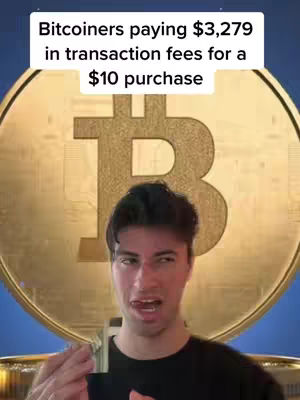 A man with a surprised expression and a slight smile holds a wad of cash in front of a large Bitcoin symbol background. Text overlays state a critical statement about bitcoin transaction fees.