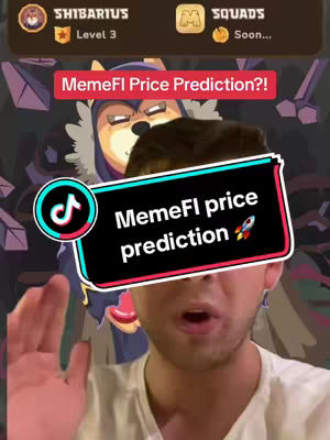 A man is on camera with a graphic overlay. The overlay features a black background with the text "MemeFI price prediction" and the rocket emoji. Behind the man is a cartoon character and a background. Above the man are logo elements.