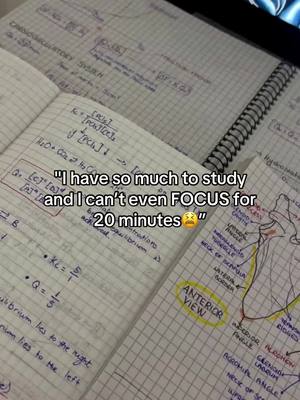 The image shows an open notebook with handwritten notes and diagrams related to the study of science concepts. The text overlay includes a quote about difficulty focusing while studying. The image is primarily shades of white, with diagrams drawn in blue ink and highlighted with yellow.