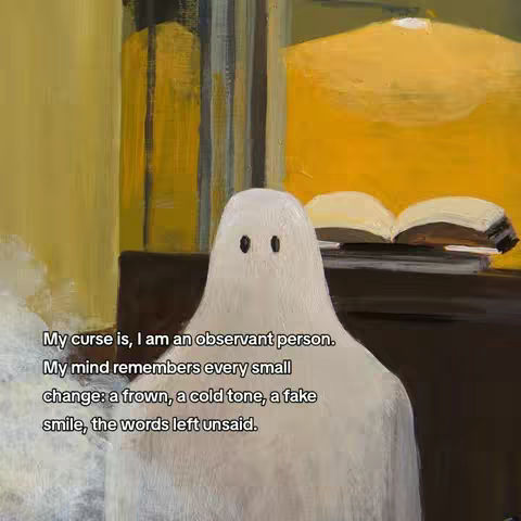 An illustration features a ghostly figure in a white, sheet-like form with two black eyes. The figure stands against a background with yellow and brown tones, suggesting an indoor setting. Text overlays are present, discussing the observations and feelings of someone who is highly perceptive.