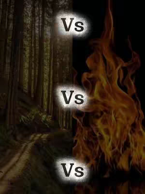 The image is a split composition. The left side depicts a dark forest with tall trees and a path. The right side shows a flame. In the center, between the two images, are the words 'Vs' repeated three times, overlaid with a glowing effect.