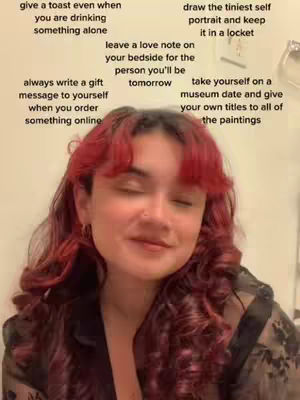 A woman with red hair and eye makeup smiles gently in front of a light backdrop, with overlaid text bubbles listing self-care ideas.