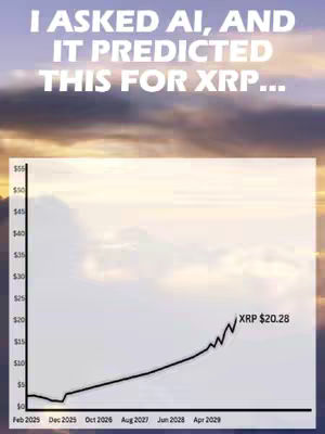 The cover image features a graph charting the predicted price of XRP (Ripple) over time. A line graph ascends from left to right, projecting a price increase. Text overlays provide context, including the phrase "I ASKED AI, AND IT PREDICTED THIS FOR XRP..." in bold white letters at the top. The background presents a gradient of oranges, yellows, and purples, resembling a sunset or sunrise backdrop.