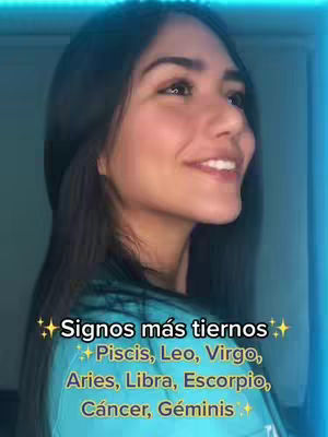 A young woman with long, dark hair smiles slightly, looking off to her left. Text overlays list astrological signs: Piscis, Leo, Virgo, Aries, Libra, Escorpio, Cáncer, Géminis.