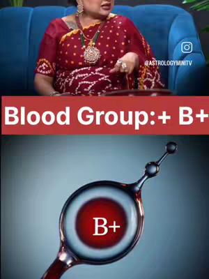The cover image is structured in two main sections. The upper portion features a woman seated on a blue sofa, wearing a red patterned saree with a necklace. Below, a visualization of a biological cell or drop is shown featuring the text "B+" inside. There is a red banner with white text that reads "Blood Group: + B+". The color palette is dominated by reds, blues, and white.