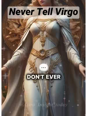 The image features a woman in a detailed fantasy-style outfit with a text overlay. The woman is depicted from chest up, wearing a white and gold dress with intricate detailing and a flowing cape. The background is a blurred combination of colors suggestive of a grand setting. Text overlays include "Never Tell Virgo" and "DON'T EVER". The overall composition is vertical and appears as a digitally created illustration.