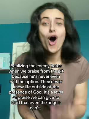 The cover image features a woman with dark hair and an open mouth, expressing astonishment or excitement. She is centered in the frame, with a background that appears to be a soft teal. Text about praising God is overlaid on the lower part of the shot.