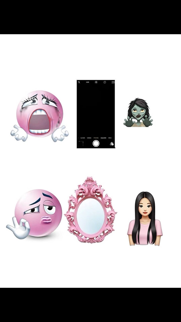 The image is a collage of emojis and a mirror. In the upper left, there's a pink crying emoji with tears. Next to it is a black camera interface. Beside that is a zombie emoji. In the lower half, a pink emoji with a hand gesture. Beside it is a pink ornate mirror. To the right is an emoji of a woman with black hair.
