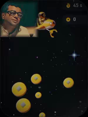 The image shows a man in glasses on the left, with a spaceship flying in the middle. The scene is set in a black space with yellow coins floating around at the bottom. There's a 45-second timer and an icon at the top right.