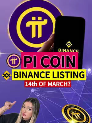 The cover image is divided into a background, featuring a purple gradient with white connecting lines, and several superimposed elements. In the upper left of the image, there is a circular logo with the Pi Network symbol and a smartphone on the right showing a Binance symbol on the screen. In the center, there's a pink rectangular banner labeled 'PI COIN' and a yellow banner below that reads 'BINANCE LISTING', with the words '14th OF MARCH?' in red, all in capital letters. At the bottom left, a woman with blonde hair is included, pointing towards text and holding a Pi coin as a visual element. The overall composition uses a vibrant color scheme with purple, yellow, pink, and metallic gold, and includes financial symbols.