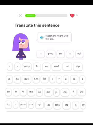 The image features a Duolingo language learning screen. A cartoon character with purple hair is visible to the left of a sentence translation task. The sentence to translate appears above the character.