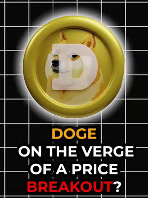 The image features a gold coin with a dog image, likely representing Dogecoin. The coin is centered against a black grid background. Below the coin, text reads 'DOGE ON THE VERGE OF A PRICE BREAKOUT?' in a bold, white font, with the 'BREAKOUT?' in red. This is a visually stimulating and informative design.
