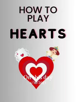 The image is a graphic promoting a game called Hearts. It features a gradient background with a large heart shape at the center in shades of red and white.  Below the heart, text in black says 'On this day' followed by the numerical date. Above it appears 'How to Play' and 'HERATS'.  On the left is a heart suit card and right is a cartoon woman with red hair wearing a crown.